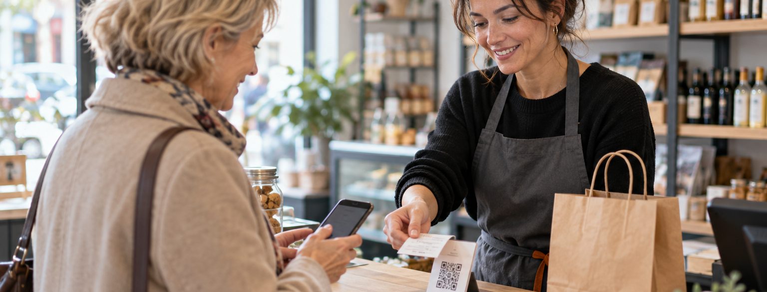 Au comptoir, une vendeuse montre un QR code à une cliente qui tient son smartphone