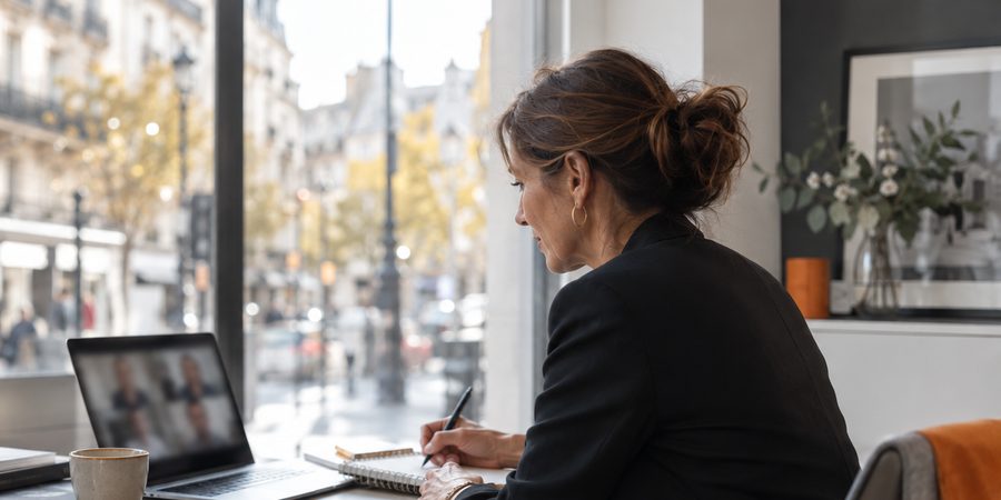 Une responsable prend des notes pendant une visioconférence, devant une rue commerçante