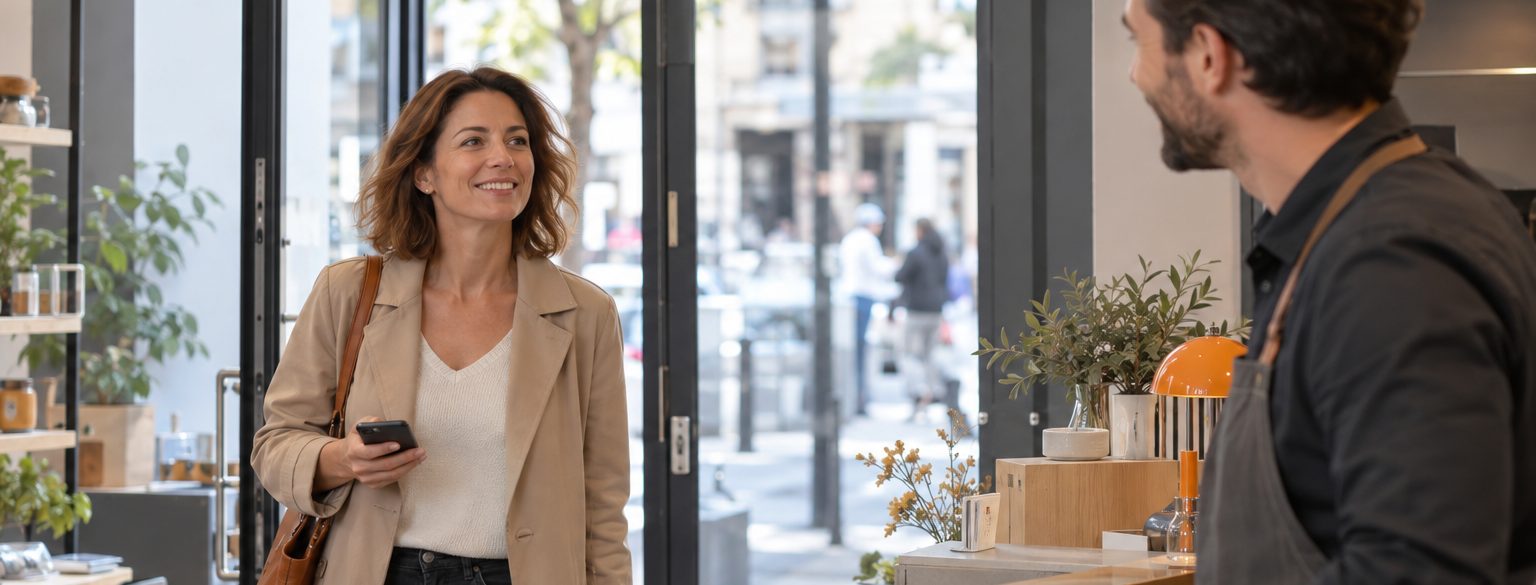 Une cliente entre dans un magasin, son téléphone à la main, accueillie par le vendeur