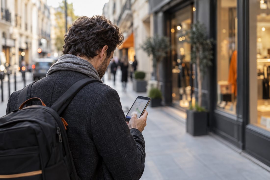 Dans une rue commerçante, un passant cherche une adresse sur son smartphone
